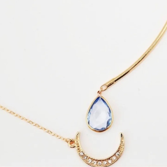 Rhinestone Moon Waterdrop Cuff Necklace Gold Open Choker - Picture 3 of 7